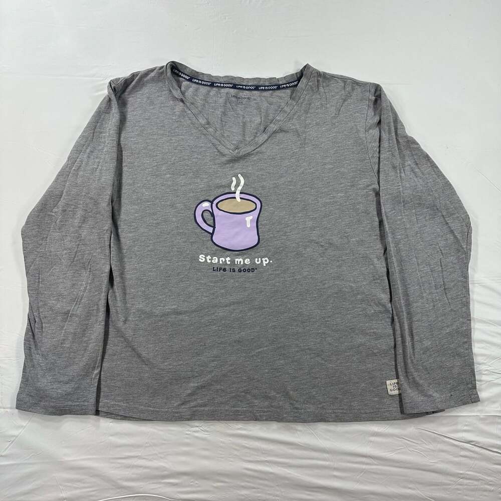Life Is Good Start Me Up Coffee Long Sleeve Sleep Shirt XXL Gray V-Neck Womens